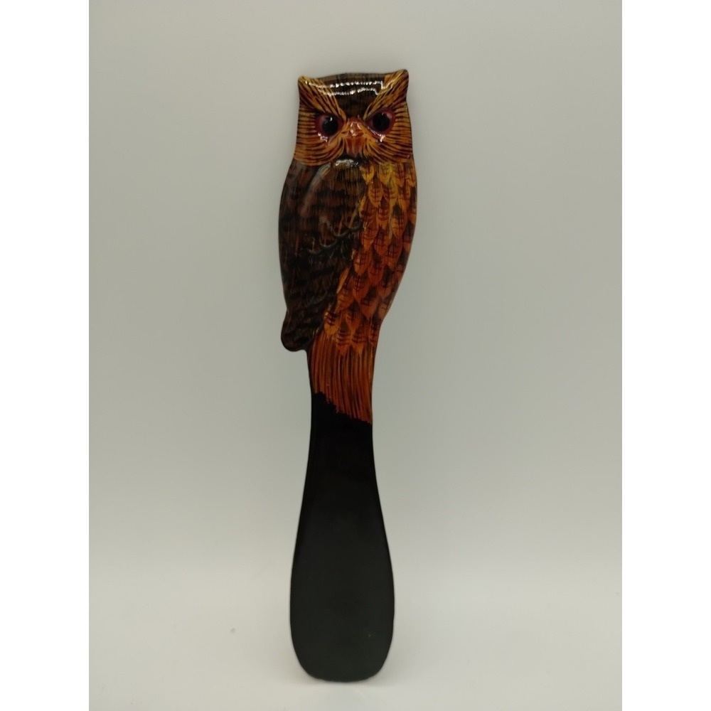 Vintage Painted Wooden Owl Handle Shoe Horn 7.5 Inches Long Lacquered